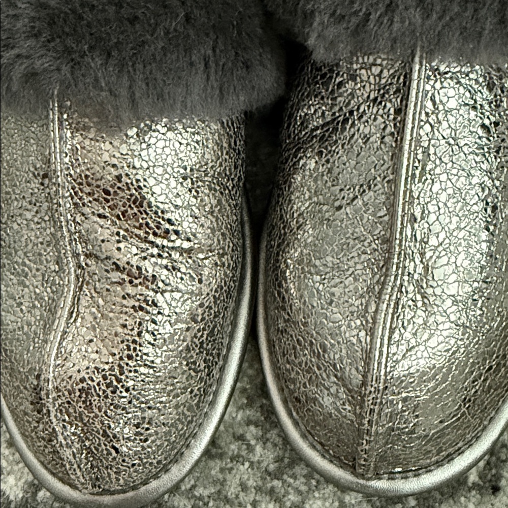UGG Metallic Silver Slippers with Dark Gray Fur - Picture 7 of 7